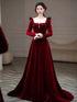 Wine Red Velvet Long Sleeves Long Prom Dress, Wine Red Velvet Wedding Party Dress