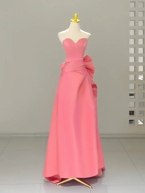 Pink Satin Strapless Prom Dress with Bow, A-line Pink Satin Evening Dress