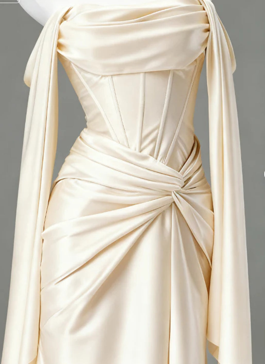 Light Champagne Long Prom Dress, Satin Light Champagne Evening Dress F