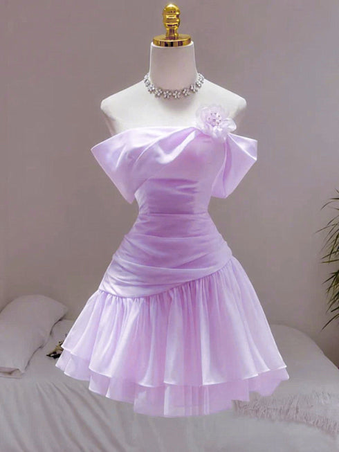 Light Purple Strapless Floral Homecoming Dress, Ruched A-Line Short Prom Dress Formal Dress