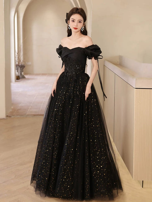 A-line Sequin Fairy Gown Short Sleeves Black Maxi Dress, Sparkly Tulle Black Prom Gown
