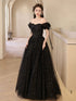 A-line Sequin Fairy Gown Short Sleeves Black Maxi Dress, Sparkly Tulle Black Prom Gown
