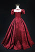 Wine Red Floral Satin Floral Prom Dress Evening Dress, Short Sleeves Long Formal Dress
