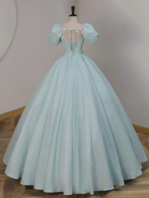 Light Blue Short Sleeves Long Prom Dress with Lace, Light Blue Sweetheart Party Dress