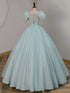 Light Blue Short Sleeves Long Prom Dress with Lace, Light Blue Sweetheart Party Dress