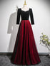 A-line Black and Red Velvet Long Party Dress, Long Sleeves Gothic Prom Dress