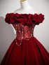 Wine Red Velvet Off Shoulder Prom Dress with Ruffle, Wine Red A-line Party Dress