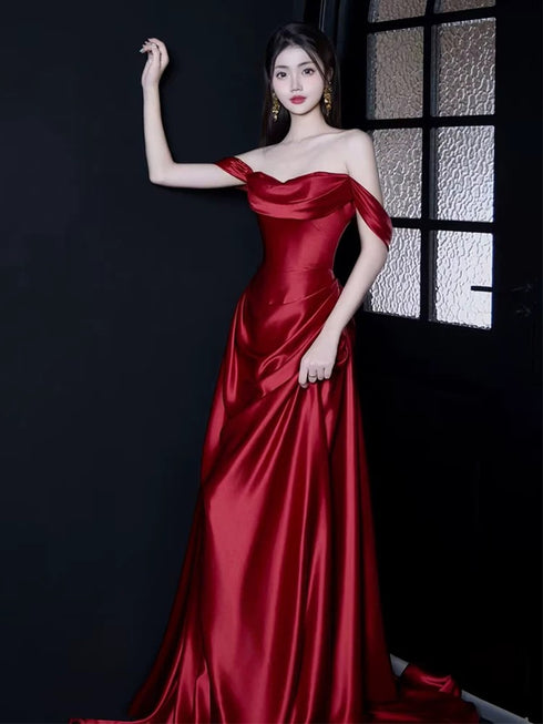 Wine Red A-line Ruch Satin Prom Dress Party Dress, Off Shoulder Wine Red Evening Dress