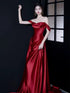 Wine Red A-line Ruch Satin Prom Dress Party Dress, Off Shoulder Wine Red Evening Dress