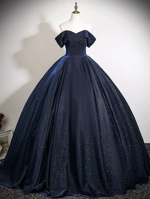 Navy Blue Sparkly Off-the-Shoulder Ball Gown Dress, Sweetheart Long Prom Dress