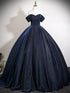 Navy Blue Sparkly Off-the-Shoulder Ball Gown Dress, Sweetheart Long Prom Dress