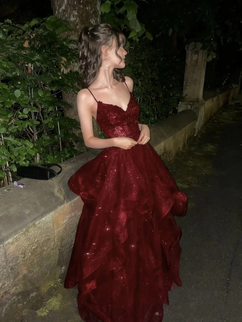 Wine Red A-line V-neckline Tulle with Lace Applique Prom Dress, Wine Red Party Dress Formal Dress