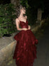 Wine Red A-line V-neckline Tulle with Lace Applique Prom Dress, Wine Red Party Dress Formal Dress