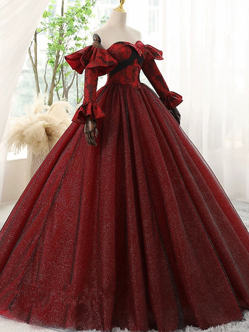 Off-Shoulder Glitter Tulle Prom Gown with Long Sleeves, Black and Red Princess Ball Gown