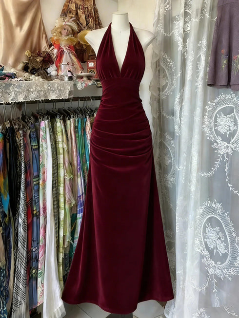Wine Red Halter Low Back Velvet Prom Dress, Wine Red A-line Party Dress Evening Gowns