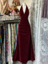 Wine Red Halter Low Back Velvet Prom Dress, Wine Red A-line Party Dress Evening Gowns