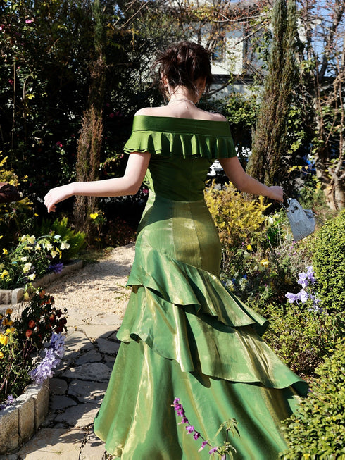 Chic Mermaid Off Shoulder Layers Prom Dress, Green Satin Evening Dress Party Dress