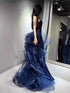 Sparkly Sequins Blue Off Shoulder Prom Dress with Ruffled Tulle, A-line Long Blue Party Dress