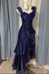 Gothic Navy Blue Pearls High Low Prom Dress, Vintage Style Ruffle Formal Dress