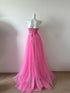 Hot Pink Sequins and Tulle Strapless Long Party Dress, Pink Aline Prom Dress Evening Dress