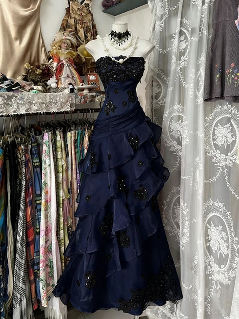 A-line Navy Blue Organza Layers Strapless Prom Dress with Lace, Navy Blue Floor Length Formal Gown