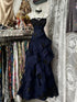 A-line Navy Blue Organza Layers Strapless Prom Dress with Lace, Navy Blue Floor Length Formal Gown