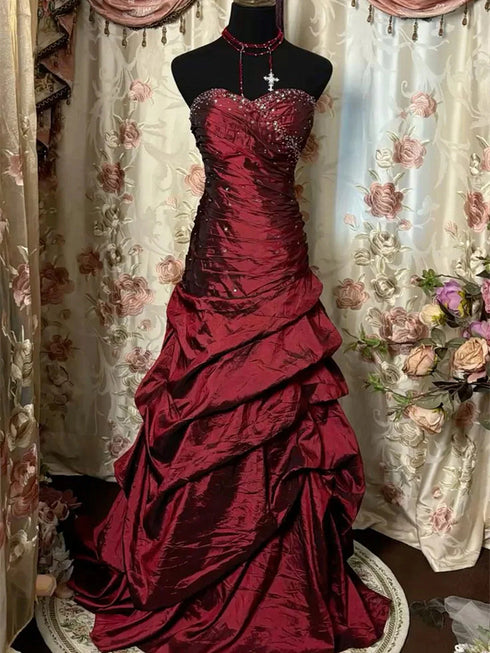 Wine Red Taffeta Beaded Sweetheart Long Prom Dress, Wine Red Long Strapless Evening Dress