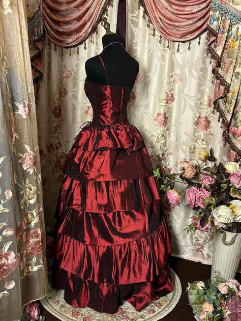 Gothic Wine Red Tiered Ruffle Ball Gown Taffeta Prom Dress, Wine Red Spaghetti Straps Long Party Dress