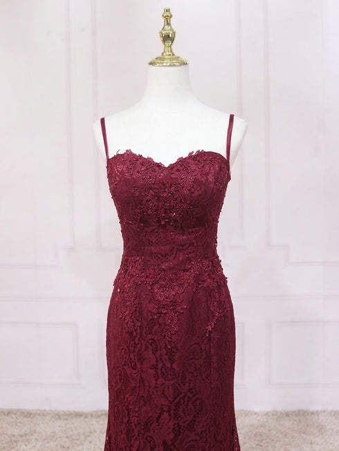 Wine Red Mermaid Lace Sweetheart Long Prom Dress, Wine Red Straps Evening Dress Party Dress