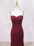 Wine Red Mermaid Lace Sweetheart Long Prom Dress, Wine Red Straps Evening Dress Party Dress