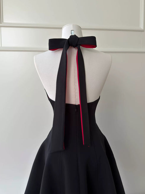 Gothic Black High-Low Homecoming Dress with Red Lining, Elegant Halter Neck Party Dress
