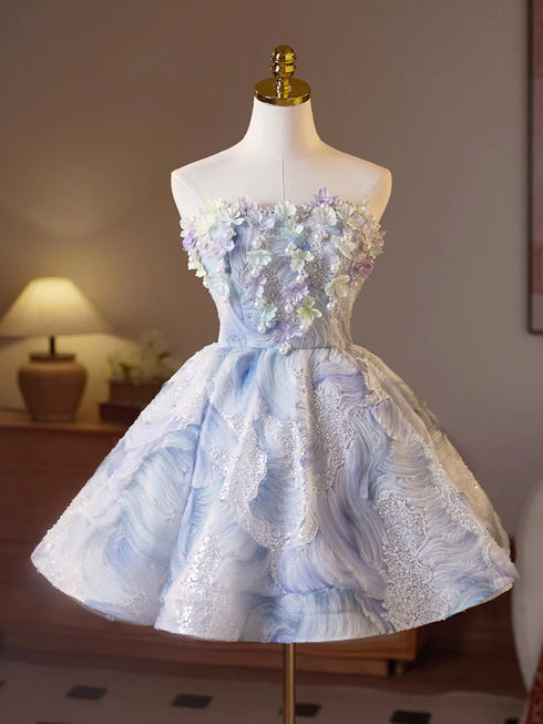 Light Blue Floral Strapless Knee Length Party Dress, Light Blue Beaded Homecoming Dress