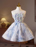 Light Blue Floral Strapless Knee Length Party Dress, Light Blue Beaded Homecoming Dress