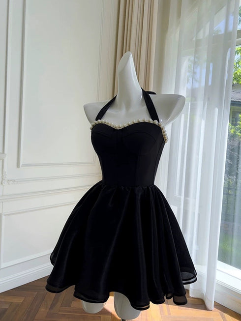 Elegant Black Halter Mini Dress with Pearls, Black Sweetheart Neckline A-Line Homecoming Dress