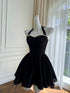 Elegant Black Halter Mini Dress with Pearls, Black Sweetheart Neckline A-Line Homecoming Dress