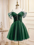 Green Tulle Knee Length Homecoming Dress, Green Beaded Tulle Short Prom Dress Party Dress