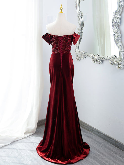 Wine Red Mermaid Velvet Long Party Dress, Wine Red Prom Dress Evening Dress