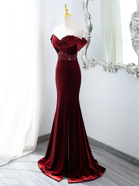 Wine Red Mermaid Velvet Long Party Dress, Wine Red Prom Dress Evening Dress