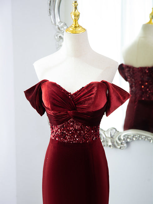 Wine Red Mermaid Velvet Long Party Dress, Wine Red Prom Dress Evening Dress