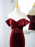 Wine Red Mermaid Velvet Long Party Dress, Wine Red Prom Dress Evening Dress