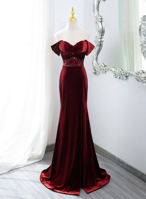 Wine Red Mermaid Velvet Long Party Dress, Wine Red Prom Dress Evening Dress