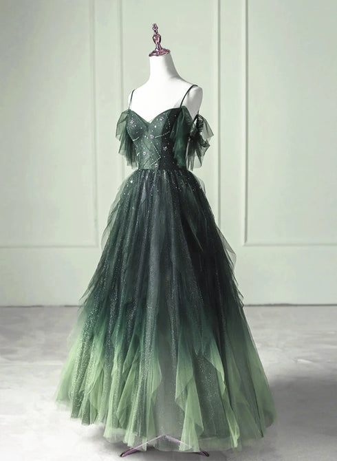 Green A-line Beaded Off Shoulder Tulle Prom Dress, Green Gradient Party Dress