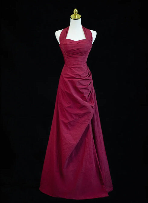A-line Wine Red Halter Sweetheart Long Party Dress, A-line Prom Dress