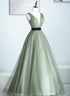 Light Green A-line Tulle V-neckline Long Formal Dress, A-line Floor Length Prom Dress