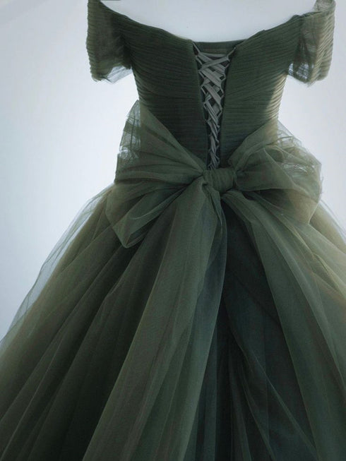 Green Off Shoulder Sweetheart Tulle Long Formal Dress, Green Tulle Party Dress