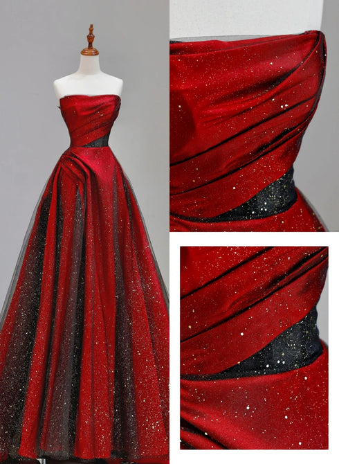 Red Satin with Black Tulle Long Party Dress, Red Satin Prom Dress Evening Dress