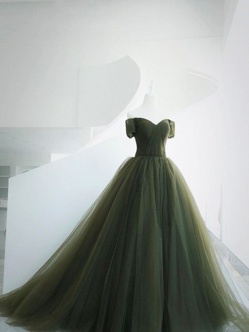 Green Off Shoulder Sweetheart Tulle Long Formal Dress, Green Tulle Party Dress