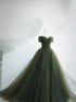 Green Off Shoulder Sweetheart Tulle Long Formal Dress, Green Tulle Party Dress