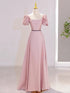 Pink A-line Short Sleeves Floor Length Party Dress, Pink Satin Prom Dress