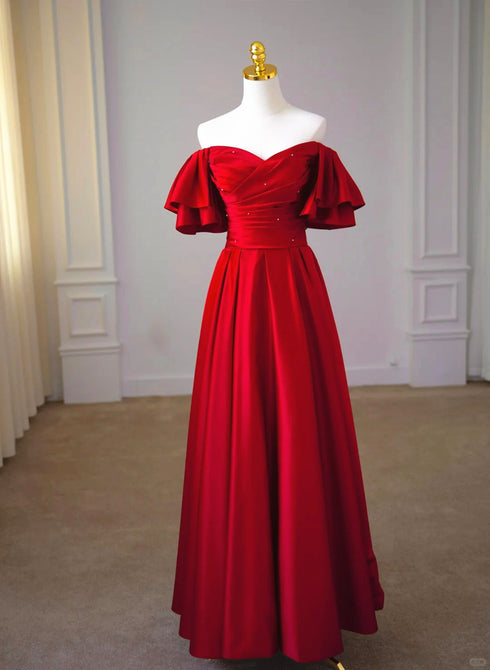 Wine Red Satin Short Sleeves Long Party Dress, Wine Red Satin Prom Dress